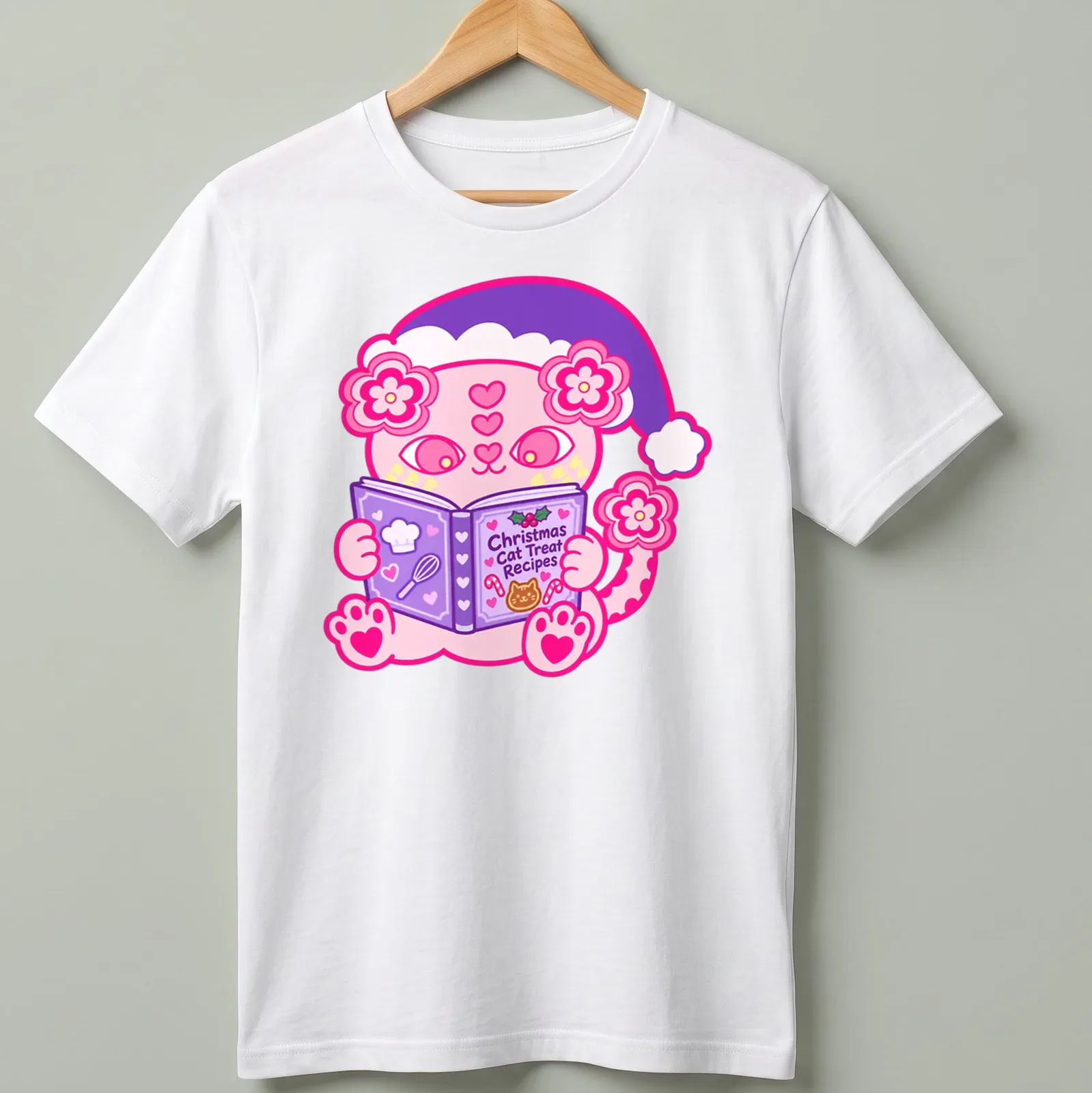 Kawaii style pink cat illustration with text for Christmas cat treat recipes — printed on a unisex t-shirt