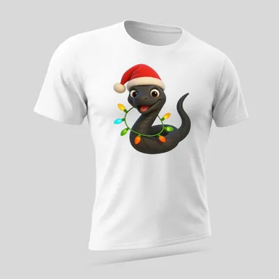 Cartoonish Eastern Racer Snake wearing a Santa hat in vibrant colors — printed on a unisex t-shirt (angled view)