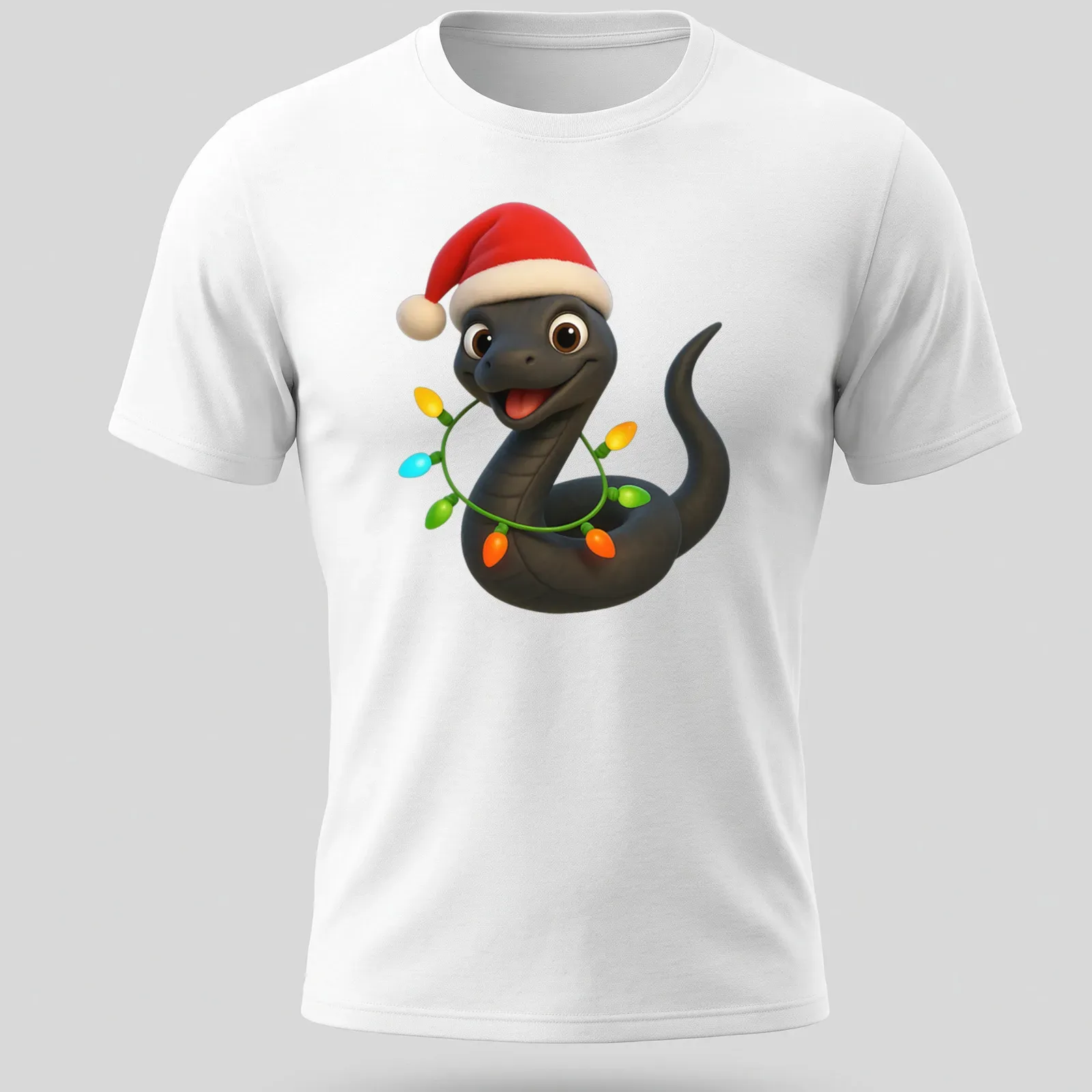Cartoonish Eastern Racer Snake wearing a Santa hat in vibrant colors — printed on a unisex t-shirt