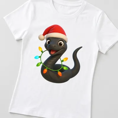 Cartoonish Eastern Racer Snake wearing a Santa hat in vibrant colors — printed on a women's shirt