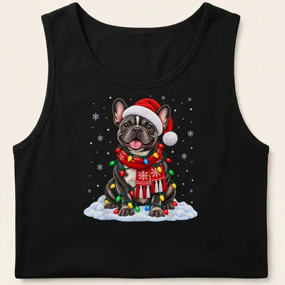 Realistic French Bulldog in Santa hat surrounded by colorful Christmas lights — printed on a tank top