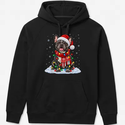 Realistic French Bulldog in Santa hat surrounded by colorful Christmas lights — printed on a unisex hoodie