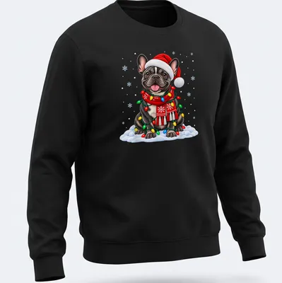 Realistic French Bulldog in Santa hat surrounded by colorful Christmas lights — printed on a unisex sweatshirt