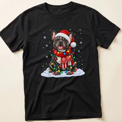 Realistic French Bulldog in Santa hat surrounded by colorful Christmas lights