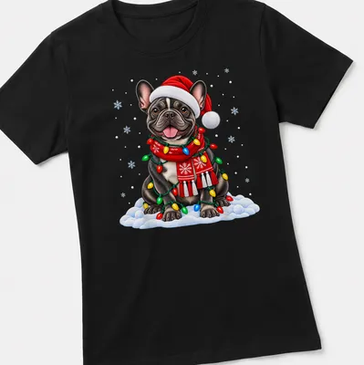 Realistic French Bulldog in Santa hat surrounded by colorful Christmas lights — printed on a women's shirt