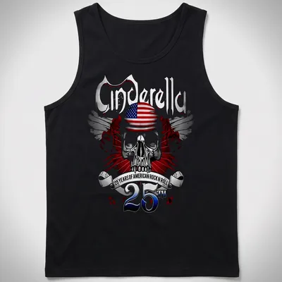 Metallic print of a skull with American flag and text celebrating Cinderella's legacy — printed on a tank top