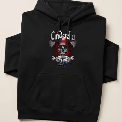 Metallic print of a skull with American flag and text celebrating Cinderella's legacy — printed on a unisex hoodie