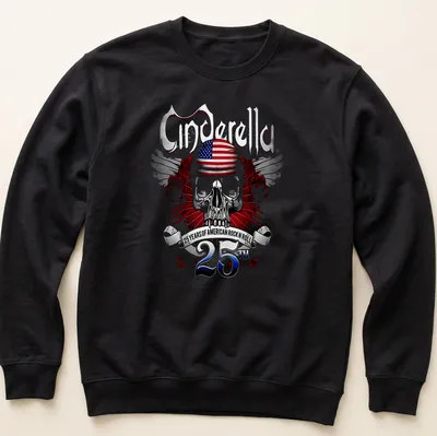 Metallic print of a skull with American flag and text celebrating Cinderella's legacy — printed on a unisex sweatshirt