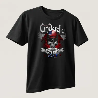 Metallic print of a skull with American flag and text celebrating Cinderella's legacy — printed on a unisex t-shirt (angled view)