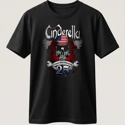 Metallic print of a skull with American flag and text celebrating Cinderella's legacy — printed on a unisex t-shirt