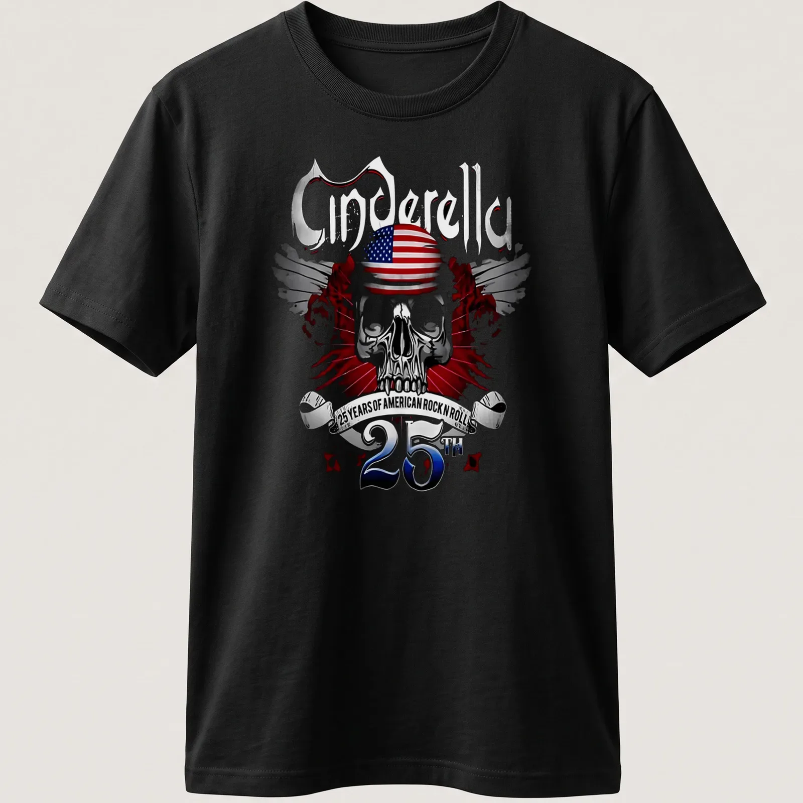 Metallic print of a skull with American flag and text celebrating Cinderella's legacy — printed on a unisex t-shirt