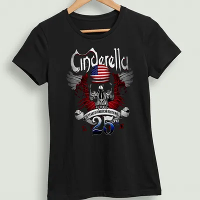 Metallic print of a skull with American flag and text celebrating Cinderella's legacy — printed on a women's shirt