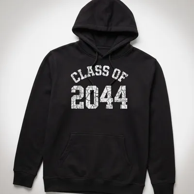 Bold typography 'CLASS OF 2044' over a starry night sky design — printed on a unisex hoodie
