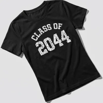 Bold typography 'CLASS OF 2044' over a starry night sky design — printed on a women's shirt