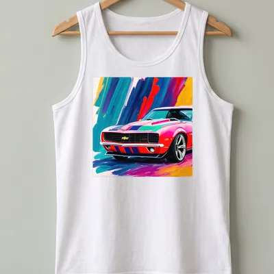 Retro vibrant print of a classic sports car in pink, blue, yellow, red, and black — printed on a tank top