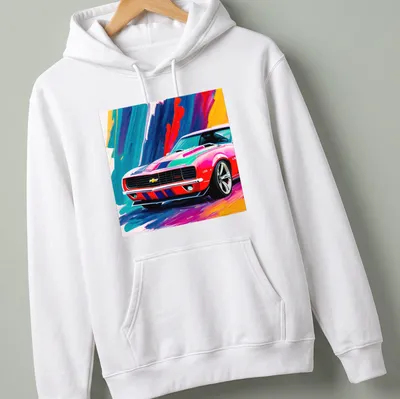 Retro vibrant print of a classic sports car in pink, blue, yellow, red, and black — printed on a unisex hoodie