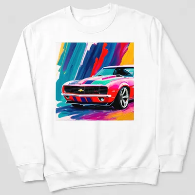 Retro vibrant print of a classic sports car in pink, blue, yellow, red, and black — printed on a unisex sweatshirt