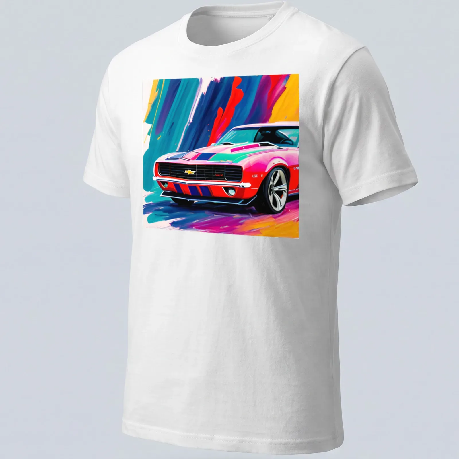 Retro vibrant print of a classic sports car in pink, blue, yellow, red, and black — printed on a unisex t-shirt