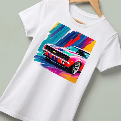 Retro vibrant print of a classic sports car in pink, blue, yellow, red, and black — printed on a women's shirt