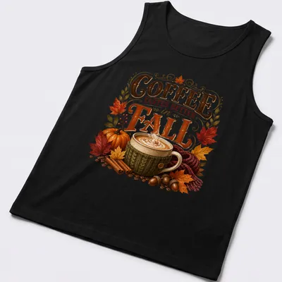 Vintage style t-shirt featuring a cozy coffee mug and autumn leaves — printed on a tank top