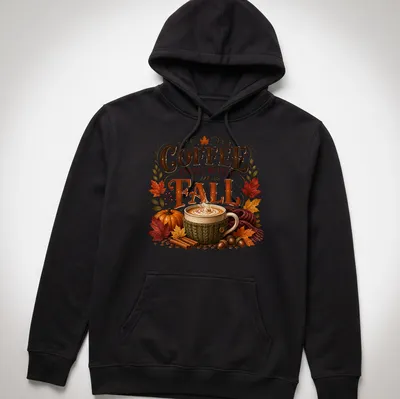 Vintage style t-shirt featuring a cozy coffee mug and autumn leaves — printed on a unisex hoodie