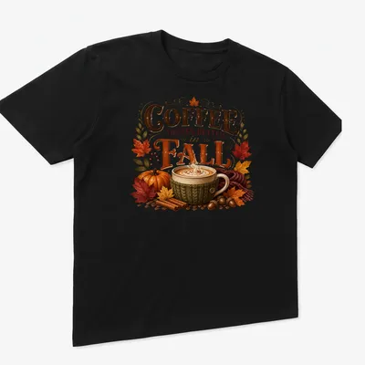 Vintage style t-shirt featuring a cozy coffee mug and autumn leaves — printed on a unisex t-shirt (angled view)