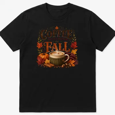 Vintage style t-shirt featuring a cozy coffee mug and autumn leaves