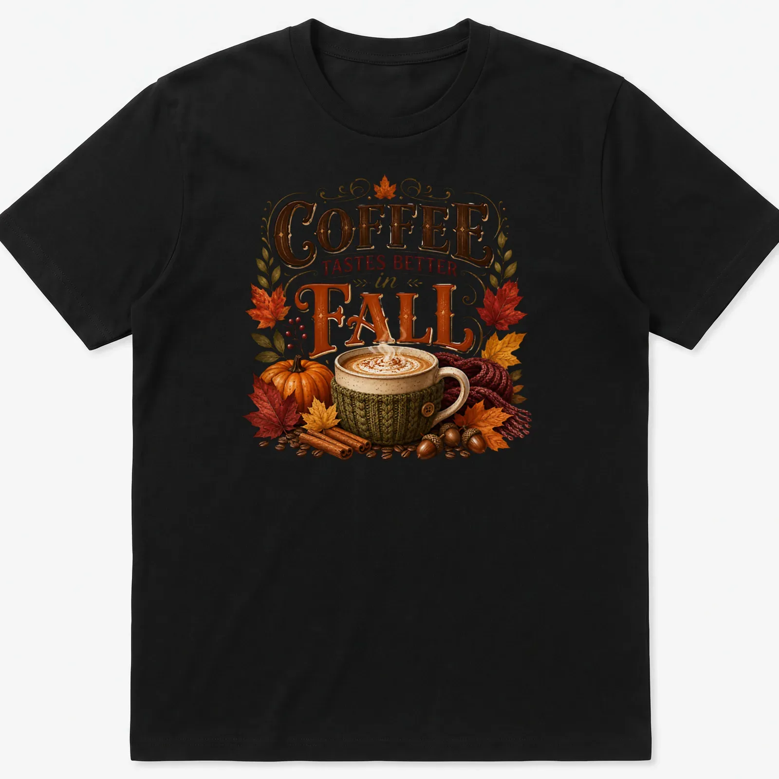 Vintage style t-shirt featuring a cozy coffee mug and autumn leaves — printed on a unisex t-shirt