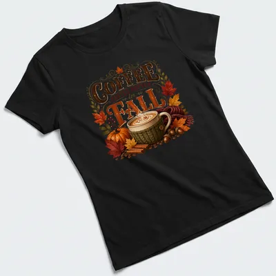 Vintage style t-shirt featuring a cozy coffee mug and autumn leaves — printed on a women's shirt