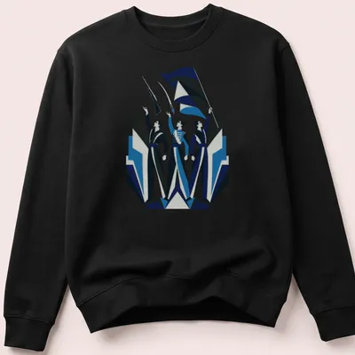 Vintage art deco design of color guard performers with rifles and flags — printed on a unisex sweatshirt