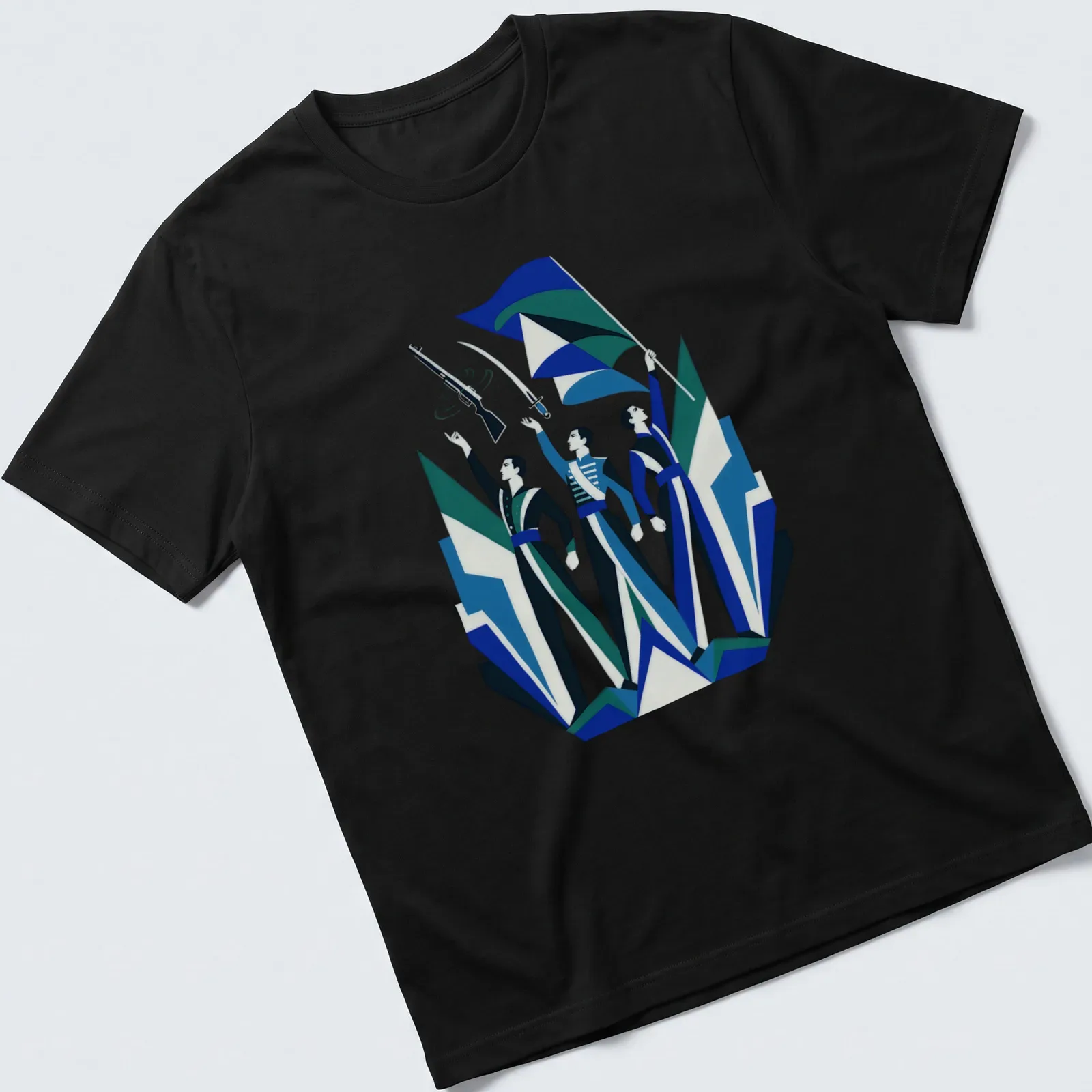 Vintage art deco design of color guard performers with rifles and flags — printed on a unisex t-shirt