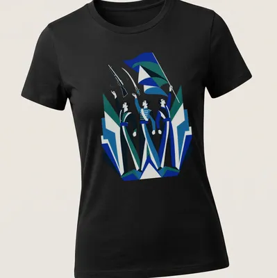 Vintage art deco design of color guard performers with rifles and flags — printed on a women's shirt