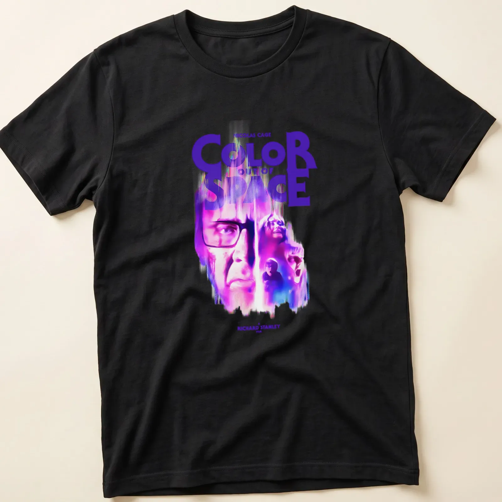 Nicolas Cage Color Out Of Space film t-shirt with vibrant colors and surreal art — printed on a unisex t-shirt