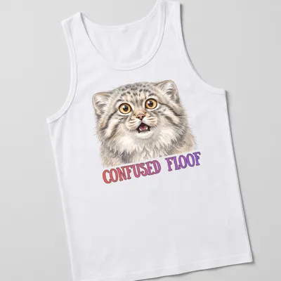 Realistic illustration of a confused Pallas Cat with text underneath it. — printed on a tank top