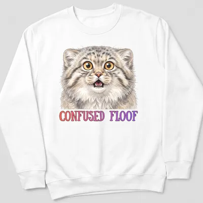 Realistic illustration of a confused Pallas Cat with text underneath it. — printed on a unisex sweatshirt
