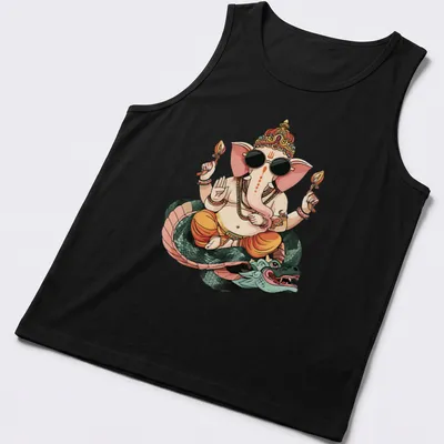 Pop art design of an elephant riding a dragon in bright colors — printed on a tank top