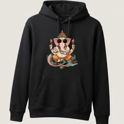 Pop art design of an elephant riding a dragon in bright colors — printed on a unisex hoodie