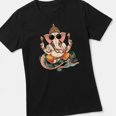 Pop art design of an elephant riding a dragon in bright colors — printed on a women's shirt