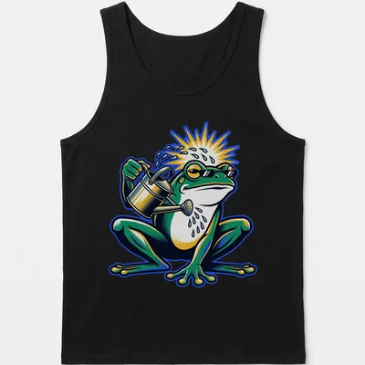 Cartoon frog with a watering can in green, yellow, blue, and white colors — printed on a tank top
