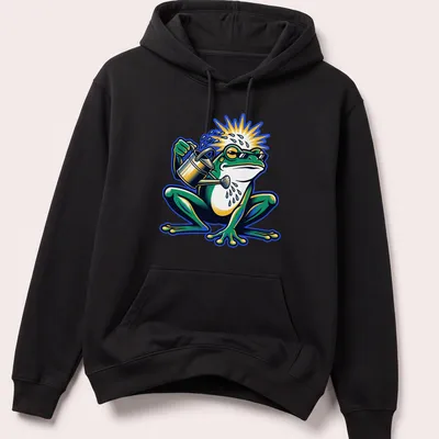 Cartoon frog with a watering can in green, yellow, blue, and white colors — printed on a unisex hoodie