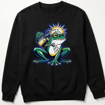 Cartoon frog with a watering can in green, yellow, blue, and white colors — printed on a unisex sweatshirt