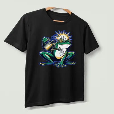 Cartoon frog with a watering can in green, yellow, blue, and white colors — printed on a unisex t-shirt (angled view)
