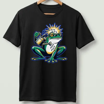 Cartoon frog with a watering can in green, yellow, blue, and white colors — printed on a unisex t-shirt