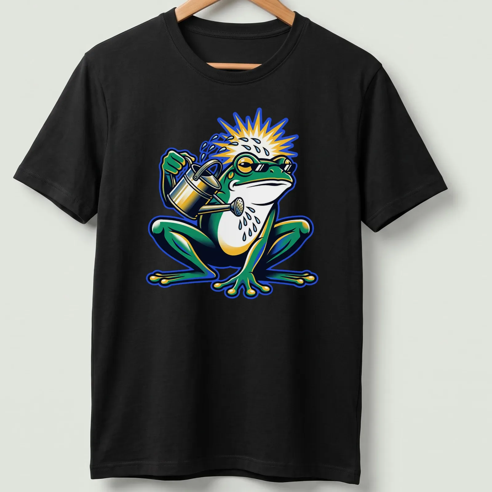 Cartoon frog with a watering can in green, yellow, blue, and white colors — printed on a unisex t-shirt