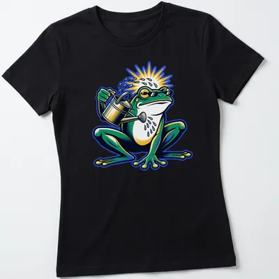 Cartoon frog with a watering can in green, yellow, blue, and white colors — printed on a women's shirt