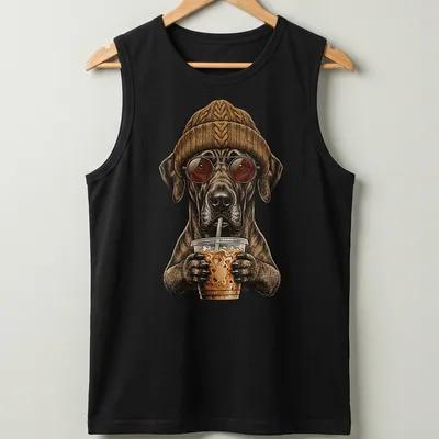 Illustration of a Great Dane dog drinking iced coffee in brown and beige tones — printed on a tank top