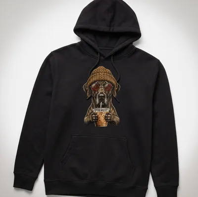 Illustration of a Great Dane dog drinking iced coffee in brown and beige tones — printed on a unisex hoodie
