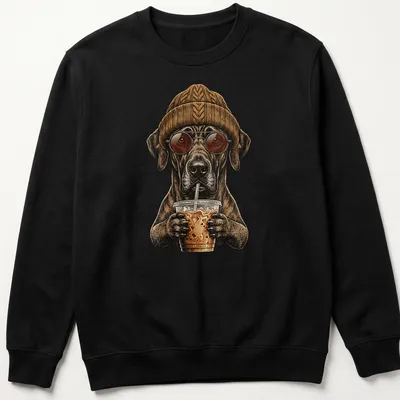 Illustration of a Great Dane dog drinking iced coffee in brown and beige tones — printed on a unisex sweatshirt