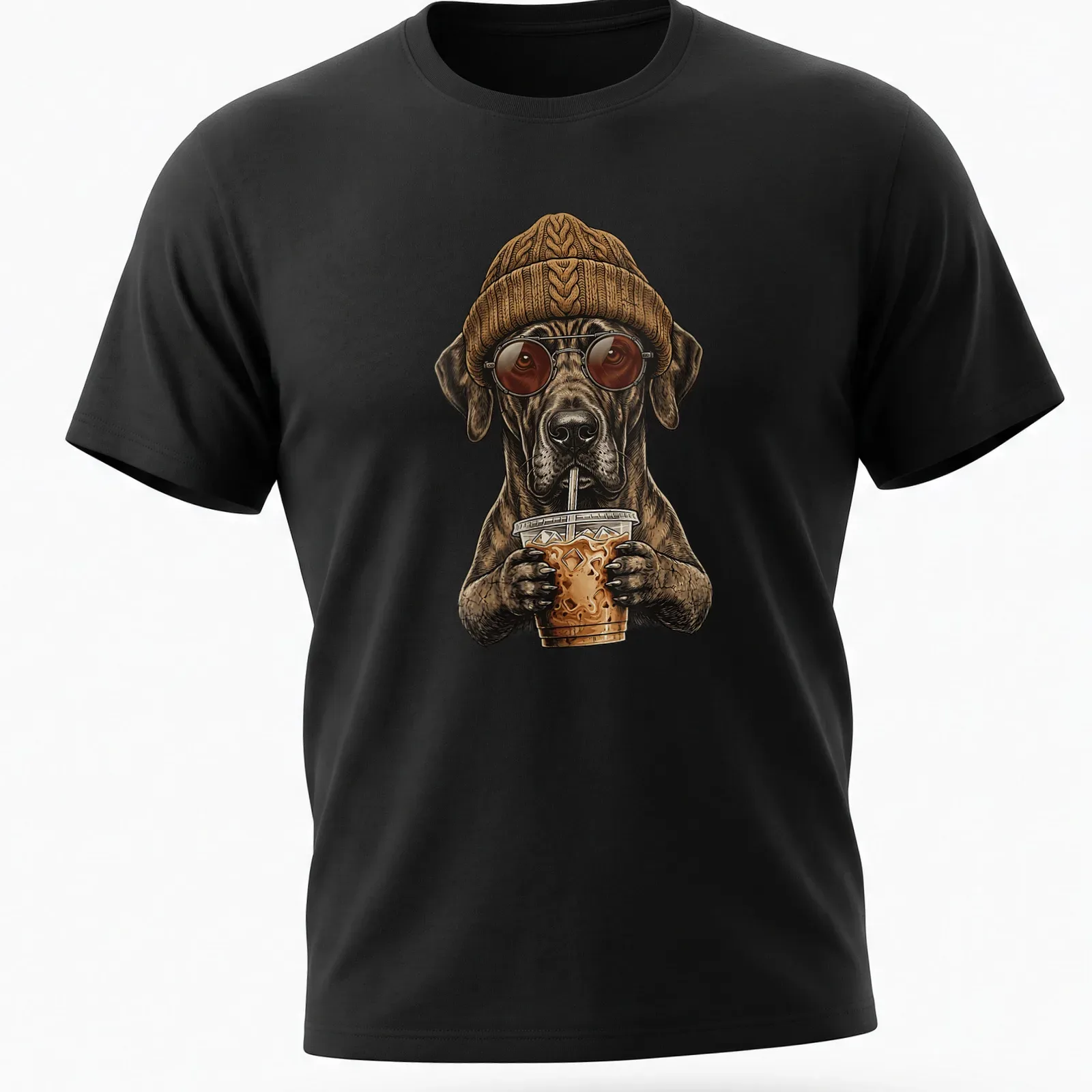 Illustration of a Great Dane dog drinking iced coffee in brown and beige tones — printed on a unisex t-shirt