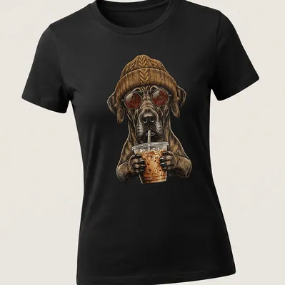 Illustration of a Great Dane dog drinking iced coffee in brown and beige tones — printed on a women's shirt